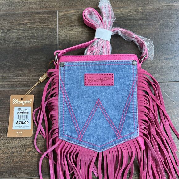 Wrangler Purse Leather Fringe Denim Hot Pink Crossbody Bag WG44-8360HPK Western - Picture 8 of 9